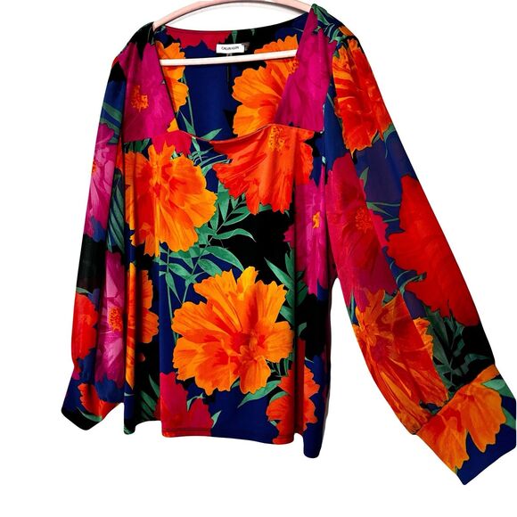 Calvin Klein Tops - Calvin Klein Floral Blouse Sheer Sleeve Colorful Pullover Women's Size 2X